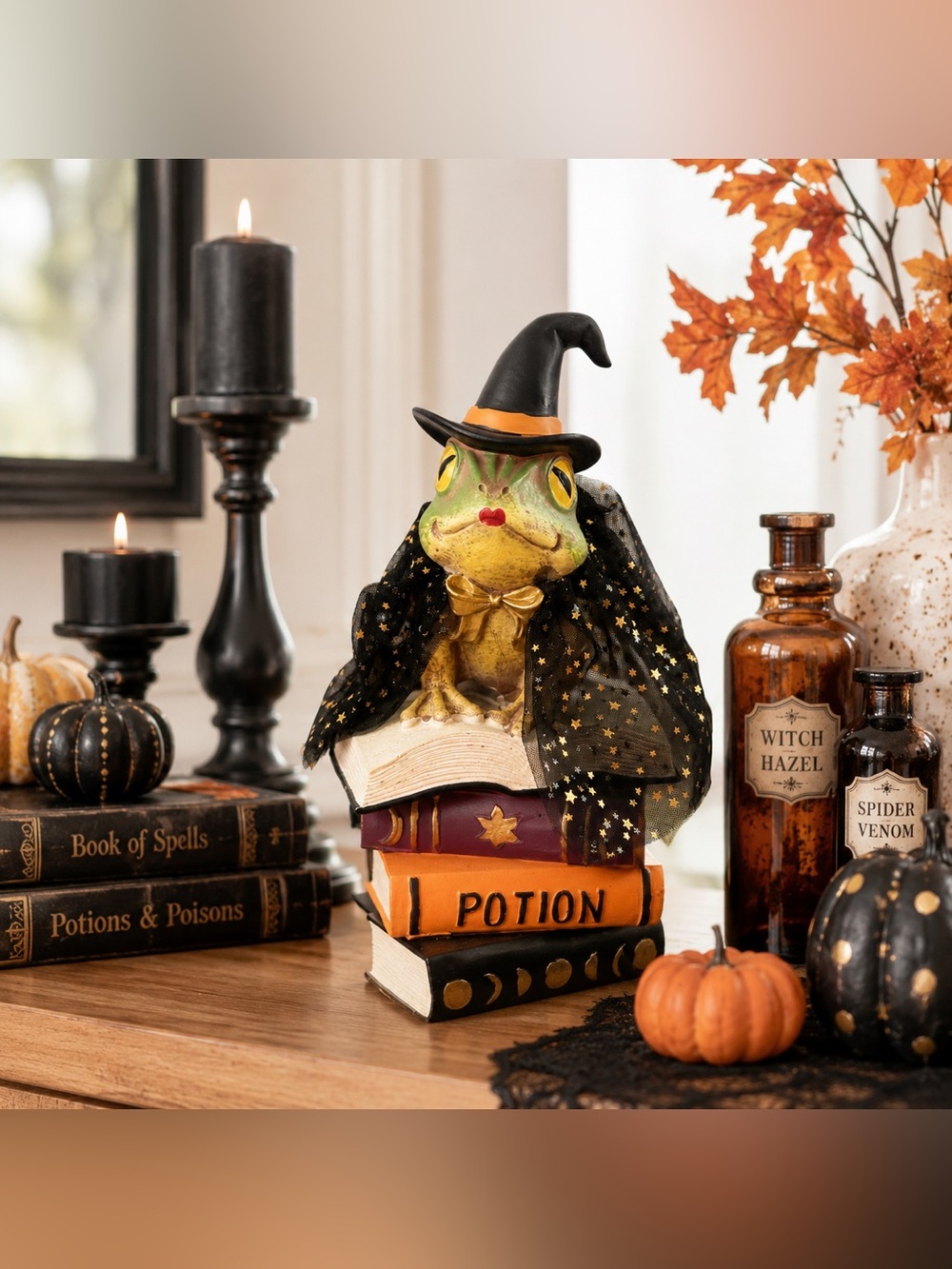 Lab No. 10.31 Mystical Frog Witch on Stack of "Potions" Books Halloween Figurine